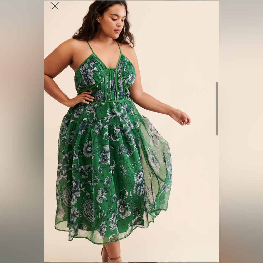 Anthropologie V-Neck Halter Printed Dress Floral Green Dress